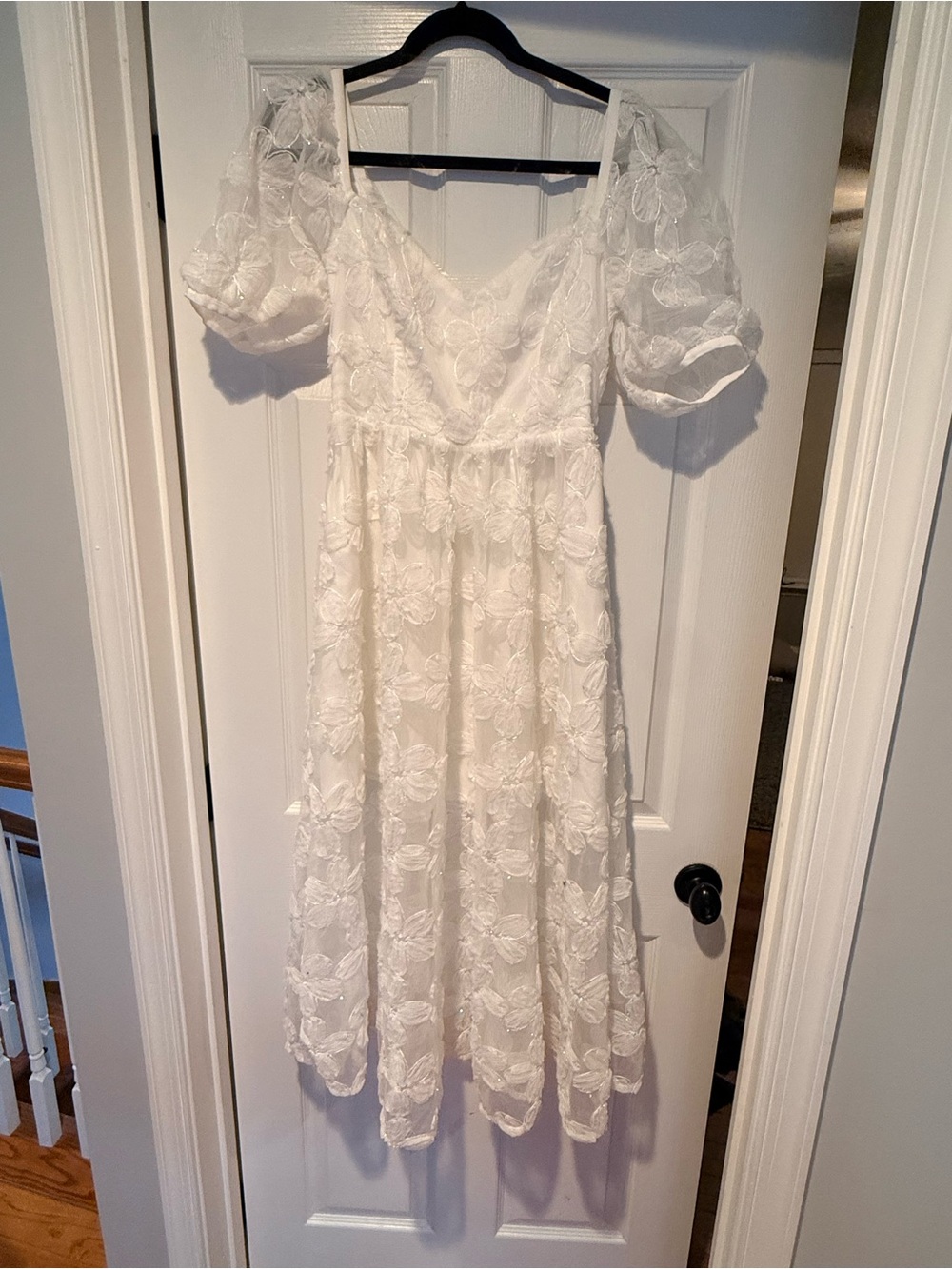 White Lace Puff-Sleeve Midi Dress